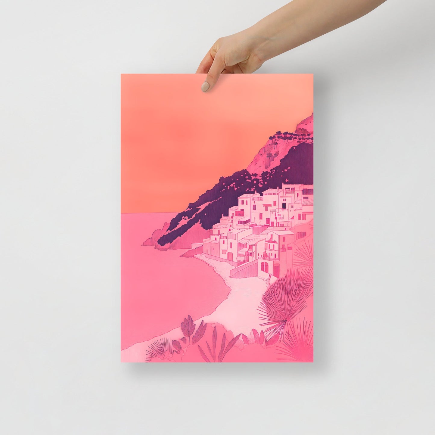 Pink Sunset Coastal Village Illustration Poster