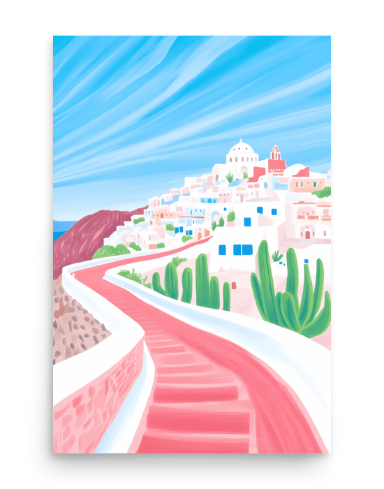 Santorini Hillside Walk – Illustration Poster
