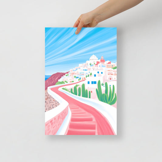 Santorini Hillside Walk – Illustration Poster