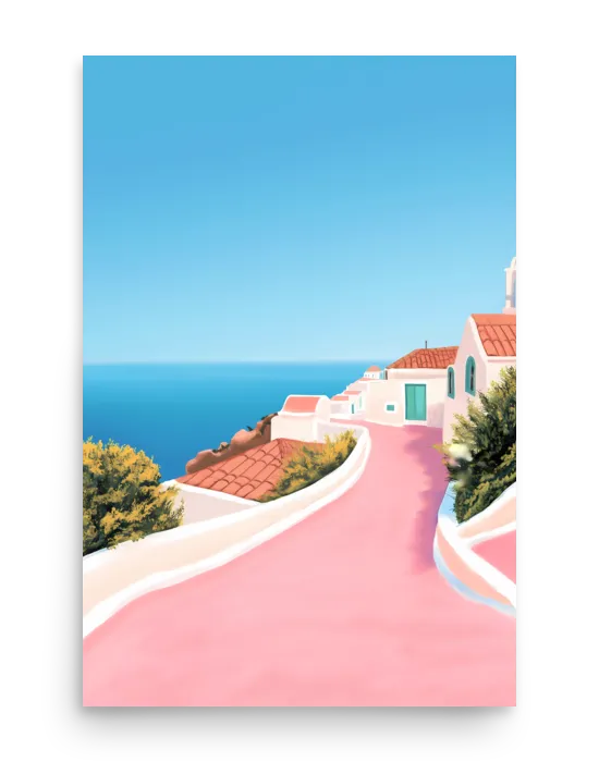 Santorini Ocean View Illustration Poster – Peaceful Print