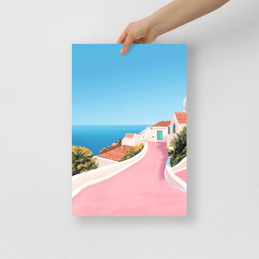 Santorini Ocean View Illustration Poster – Peaceful Print