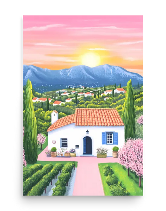 Provence Countryside Home – Landscape Illustration Poster
