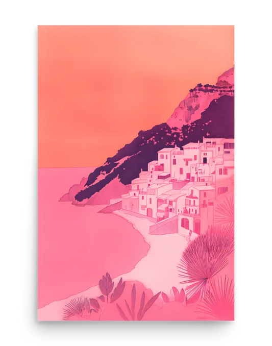 Pink Sunset Coastal Village Illustration Poster