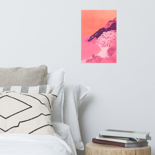 Pink Sunset Coastal Village Illustration Poster